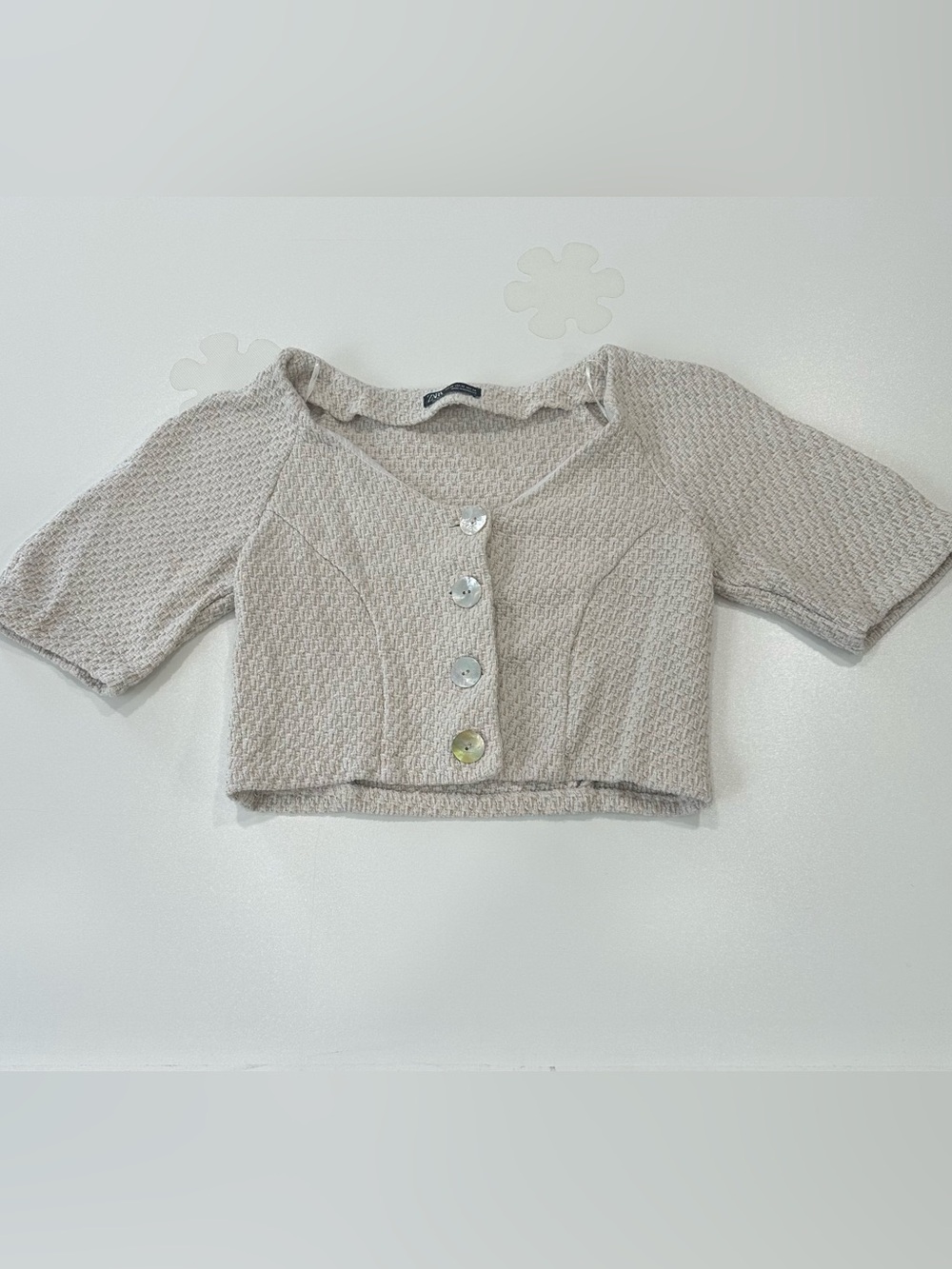 Zara Tweed Cream Ecru Cable Knit Button Down Top Crop Sweater Size XS Sweetheart